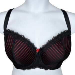 Curvy Kate Ritzy Balcony Bra sz 32HH * Black & Red Pinstripe Balconette Scallop